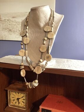 Multi Strand Beaded Necklace Neutral Cream Disc Style w Rustic Tones
